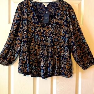 Lucky Brand Blue and Gold Peplum Blouse 3/4 Sleeve